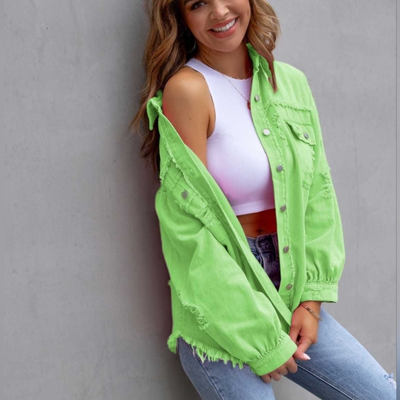 Rugged Vogue Distressed Denim Jacket - Lime - Picture 3 of 4